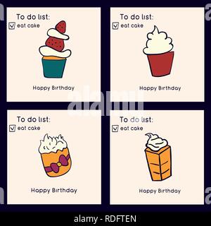 Ensemble de cartes de souhaits d'anniversaire. Doodle style de gâteaux. Les sucreries et les pâtisseries. Vector illustration Illustration de Vecteur