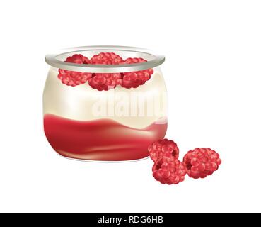 Yaourt naturel avec les framboises dans un bocal en verre Illustration de Vecteur
