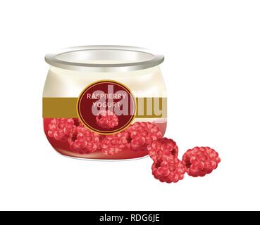 Yaourt naturel avec les framboises dans un bocal en verre Illustration de Vecteur