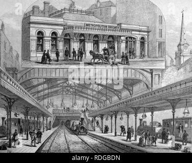 La station de métro Aldgate à Londres, Angleterre, illustration historique, 1877 Banque D'Images