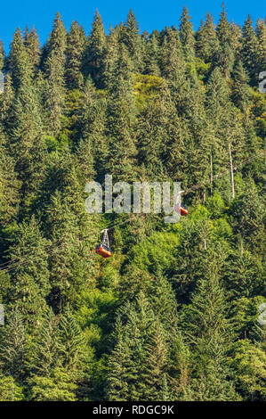 14 septembre 2018 - Juneau, Alaska : Mount Roberts Tramway rouge deux voitures voyageant le long de la montagne contre fond de vert des arbres. Banque D'Images