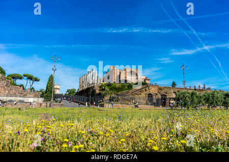 Les anciennes ruines au Forum Romain du Temple de Vénus et Rome à Rome vue du Colisée. Monde célèbre monument Banque D'Images