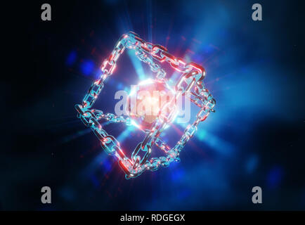 Blockchain tournant technologie derrière Bitcoin. Le transfert de données, de l'information, de l'atome d'explosion en chaîne, 3d illustration Banque D'Images