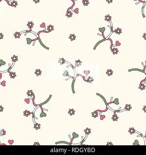 Résumé Les branches avec des coeurs et fleurs hand drawn vector seamless pattern. Dessin de ressort arrière-plan. L'amour de la texture pour la conception des surfaces, du textile, de l'arb Illustration de Vecteur