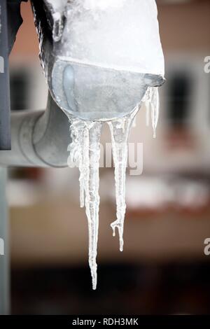 Gros Glaçons pendant de un toit gelé et caniveau, dégel, tomber des morceaux de glace et de glaçons créant un danger pour Banque D'Images