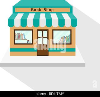 Icône librairie avec ombre longue, sur fond blanc. Book Shop façade, immeuble commercial. Illustration vectorielle, EPS10. Illustration de Vecteur