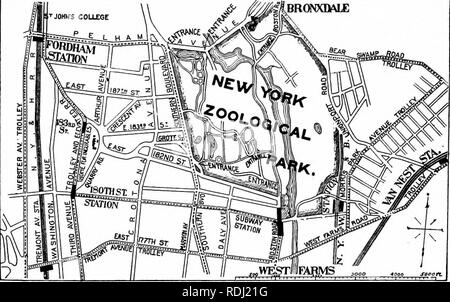 . Guide officiel populaire à la New York Zoological Park . Les zoos. 16 GUIDE OFFICIEL POPULAIRE. BRONXDALE. Croquis de la Zoological Park ET AUX ENVIRONS. Moyens d'accès. Par le métro, à l'entrée de la route de Boston.-La ter- moins de la branche est de la metro, à "180ème St., Parc Zoologique, terres" les visiteurs du sud-est de l'en- les transes pour le parc zoologique, dans l'ouest de la ferme. Les visiteurs de points en dessous de la 96ème rue doit veiller à bord du "Bronx Park" les trains, et non pas la "Broadway" des trains. Routes pour automobiles ou voitures.-par Central Park, Lenox Avenue Banque D'Images