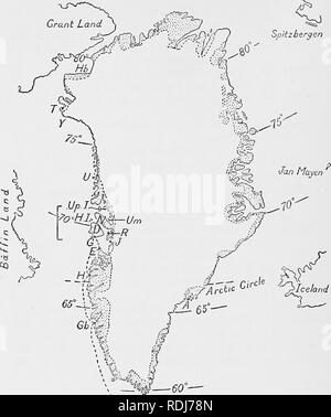 . Un été au Groenland. L'histoire naturelle. La carte A. Le Groenland. (À l'échelle, environ 1 pouce  = 425 miles.) La côte en pointillés-régions sont pour la plupart exempts de glace dans l'été ; le reste est sous la glace à l'intérieur des terres. A. Angmagssalik (côte est S. du Cercle Arctique). D. L'île Disko (côte ouest, lat. 700 N.). E. Egedesminde (côte ouest, lat. 68° N.). G. Godhavn, l'île Disko. Go. {Godthåb côte ouest, lat. 64°N.). H. Holsteinsborg (côte ouest, près du Cercle Arctique). Hb. Glacier de Humboldt (lat. 8o°N.). J'Hare Island N.O. de l'île Disko). J. jakobshavn (lat. 690 N.). N. Nugssuaq péninsule (lat. 7o° Banque D'Images