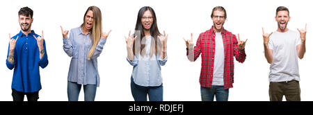 Collage des jeunes over white background isolé avec expression faisant crier fou rock symbole avec les mains. Music star. Concept lourd. Banque D'Images