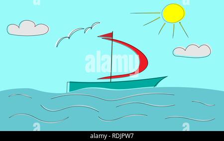 Seascape. Yacht avec un voile rouge dans la mer Illustration de Vecteur