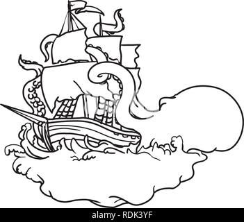 Doodle art illustration d'un kraken, un légendaire de céphalopodes comme monstre marin géant attaque un voilier avec ses tentacules sur mer avec tumulte Illustration de Vecteur