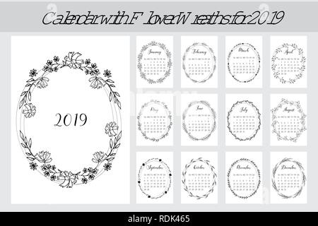 Calendrier 2019 avec à la main des couronnes de saison romantique Illustration de Vecteur