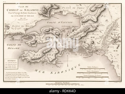 'Plan du combat de Salamine pour le voyage du jeune Anacharsis' Plan de la bataille de Salamine en 480 av. Jean Denis Barbie du Bocage (1760-1825) de 'Voyage du jeune Anacharsis en Grèce" (voyages d'Anacharsis la jeune en Grèce) par Jean Jacques Barthélemy (1716-1795). Banque D'Images