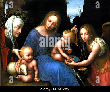 La Vierge et l'Enfant avec sainte Elisabeth, Saint Jean et Saint Michel, connu sous le nom de la Vierge avec les échelles 1510 par MAÎTRE DE LA VIERGE AVEC SOLDES 16ème siècle . Acquis par Louis XIV que Leonardo da Vinci, la Vierge avec les échelles a depuis été attribué à divers peintres de son entourage (Marco d'Oggiono, Salai, Luini, Cesare da Sesto, même Correggio young) mais aucune de ces hypothèses n'était imposée. Nous préférons aujourd'hui pour désigner l'auteur sous le nom de maître de la vierge pour les balances et de localiser son exécution autour de 1510. Banque D'Images