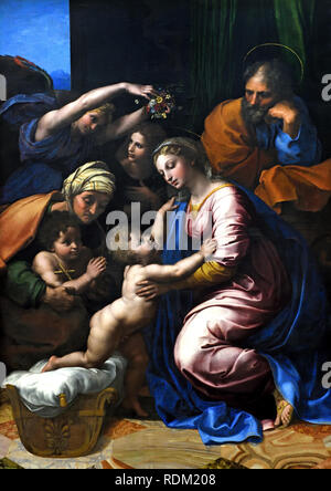1518 La Sainte Famille (Jésus, Marie et Joseph), Sainte Élisabeth, un bébé Jean le Baptiste et deux anges. par Raphael - Raffaello Sanzio da Urbino 1483 -1520 est un peintre italien et architecte de la Haute Renaissance Italie Banque D'Images