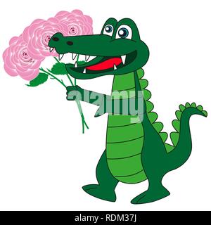 Bon crocodile dessin animé avec un bouquet de belles fleurs isolé sur fond blanc. Illustration de Vecteur