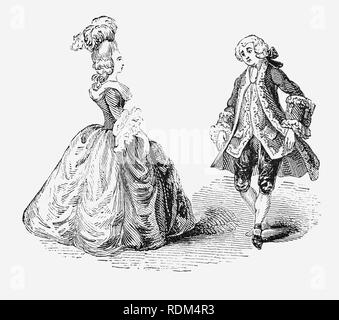 Un menuet effectuée dans le 18e siècle à la mode costume porté par la gentry pendant le règne du Roi George II. Banque D'Images