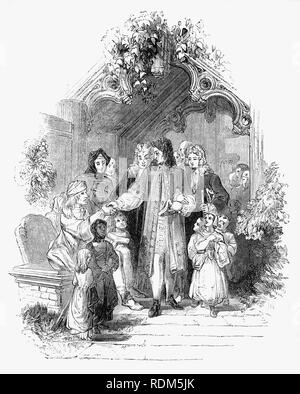 Sir Roger de Coverley, le personnage fictif, inventé par Joseph Addison, qui lui dépeint comme les grandes auteur de documents et de lettres qui ont été publiées dans Addison et Richard Steele's influent périodique le spectateur. Vu ici de quitter son église locale, Sir Roger, baronnet de Worcestershire et le représentant typique pays demandes après le bien-être de ses locataires. Il a également été membre de la spectateur fictif, et le Club de Coverley écrits inclus de vignettes divertissant du début du xviiie siècle français la vie qui ont été souvent considérée comme étant la meilleure caractéristique du spectateur. Banque D'Images