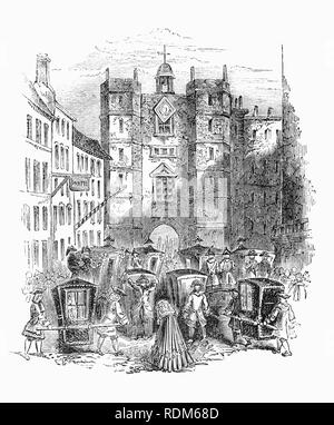 La Pall Mall porte de St James's Palace, dans la ville de Westminster. Construit par le roi Henri VIII sur l'emplacement d'une léproserie dédiée à Saint Jacques le moins, le palais a été secondaire en importance pour le palais de Whitehall pour la plupart des monarques Tudor et Stuart. Le palais de l'importance pendant les règnes de la monarchie géorgienne au début, mais a été déplacée par le Palais de Buckingham à la fin du xviiie et au début du 19e siècles. Banque D'Images