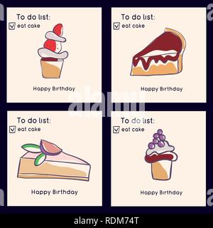 Ensemble de cartes de souhaits d'anniversaire. Doodle style de gâteaux. Les sucreries et les pâtisseries. Vector illustration Illustration de Vecteur