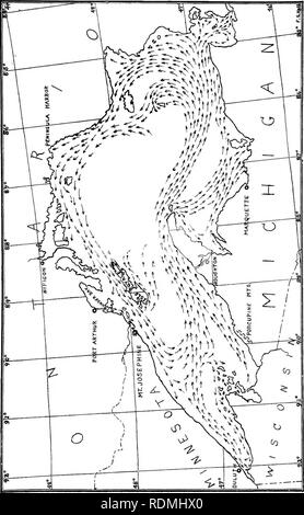 . Un relevé écologique de l'île Royale, le lac Supérieur. L'écologie animale, la botanique, zoologie, écologie végétale. Commission géologique du Michigan. Rapport annuel pour 1908.. Fig. J'^}. Les courants de surface oT du lac Supérieur. Pour sliow leur influence possible sur l'origine de la biote. (Dessiné par Hall, après Harrington.). Veuillez noter que ces images sont extraites de la page numérisée des images qui peuvent avoir été retouchées numériquement pour plus de lisibilité - coloration et l'aspect de ces illustrations ne peut pas parfaitement ressembler à l'œuvre originale.. Charles Adams, Christopher, 1873- ; Gleason, Henry A. Henry (Allan), 1882-1975 ; Banque D'Images