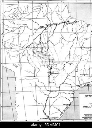 . Grâce à la nature sauvage du Brésil. Roosevelt-Rondon expédition scientifique (1913-1914) ; Zoologie. Map transmis par le Lieutenant Lyra, et reçu juste après l'achèvement de ce livre montrant l'itinéraire de l'expédition, et les positions de la New River et de l'Gy-Parana et des affluents supérieurs de l'Jurueoa. Veuillez noter que ces images sont extraites de la page numérisée des images qui peuvent avoir été retouchées numériquement pour plus de lisibilité - coloration et l'aspect de ces illustrations ne peut pas parfaitement ressembler à l'œuvre originale.. Roosevelt, Théodore, 1858-1919. New York, C. Scribner's So Banque D'Images