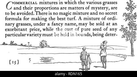 . L'ensemencement et de soins de golf. Parcours de golf ; les herbes. L'ensemencement et de soins de parcours de Golf Grand choix de l'adaptation au sol. Même sur le sable, qui est susceptible d'être plus ou moins acide, il a été constaté dans certains cas à faire mieux que toute autre plante de gazon. N'agrostide blanche bien sur sol acide et dans les zones humides, aigre est préférable à Blue-grass. Il a aussi la vertu de économique- ness et son utilisation dans un mélange réduit considérablement le prix des graines de fétuque de Chewings-', ce qui est ordinairement considéré comme une herbe pour le putting-green, est exceptionnellement bien pour l'allée. Au cours des saisons, comme le présent, Banque D'Images