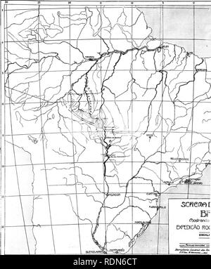 . Grâce à la nature sauvage du Brésil . Roosevelt-Rondon expédition scientifique (1913-1914) ; Zoologie. Osrrando EXFEDICAO BF CT)ROC 2^pZiirnt !fa&gt ; .CentintiZ. .Da, ci^. 30 25 20 10 10 site transmis par le Lieutenant Lyra, montrant la route à l'expédition, et les positions de la New River et de l'Gy-Parana, et de la partie supérieure de tributar. Veuillez noter que ces images sont extraites de la page numérisée des images qui peuvent avoir été retouchées numériquement pour plus de lisibilité - coloration et l'aspect de ces illustrations ne peut pas parfaitement ressembler à l'œuvre originale.. Roosevelt, Théodore, 1858-1919. Londres : J. Banque D'Images