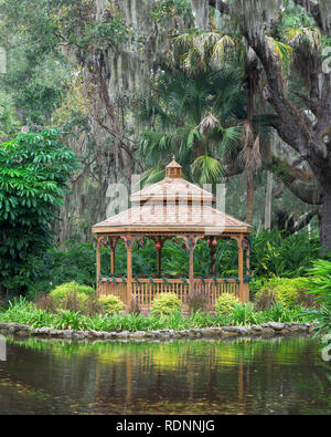 Gazebo le long étang en vertu de l'arbre de chêne à Washington Oaks Gardens State Park à Palm Coast, en Floride Banque D'Images