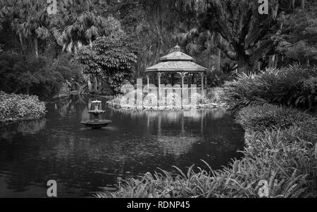 Gazebo le long étang en vertu de l'arbre de chêne à Washington Oaks Gardens State Park à Palm Coast, en Floride Banque D'Images