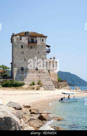 Tour de Prosphorion à Ouranoupolis sur la péninsule Athos en Chalcidice, Peel, Macédoine Centrale, Grèce, Europe Banque D'Images