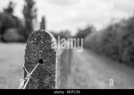 Vieille clôture pôle béton et dans l'arrière-plan la route.Photo noir et blanc. Banque D'Images