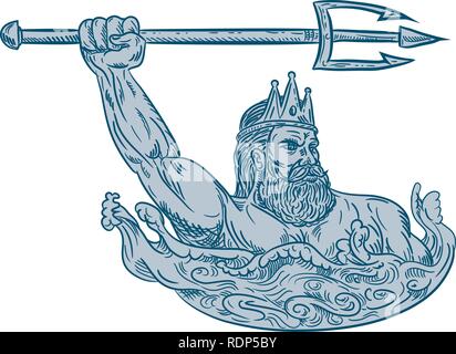 Croquis dessin illustration style de Triton, un dieu grec, le messager de la mer, fils de Poséidon et Amphitrite, armés de trident sur mer avec des vagues Illustration de Vecteur