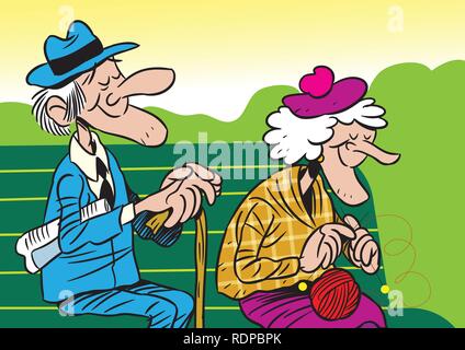 L'illustration montre un couple de personnes âgées, assis sur un banc de parc. Illustration de Vecteur