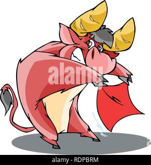 L'illustration montre un funny cartoon bull dans un manteau rouge, il effectue la corrida. Illustration de Vecteur