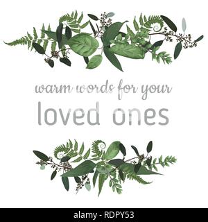 Cadre décoratif avec des feuilles de fougère, des forêts vertes, des branches de buis, Buxus, eucalyptus isolé sur blanc. Pour les invitations de mariage, vignettes, cartes postales, p Illustration de Vecteur