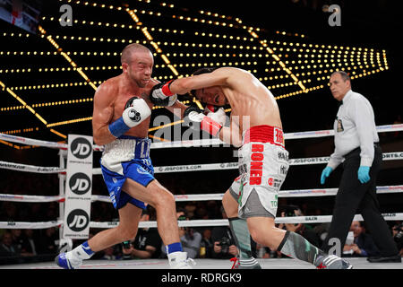 New York, New York, USA. 18 janvier, 2019. DOHENY TJ (lignes bleues) batailles RYOHEI TAKAHASHI dans un super combat poids coq au Théâtre Hulu au Madison Square Garden de New York, New York. Crédit : Joel Plummer/ZUMA/Alamy Fil Live News Banque D'Images