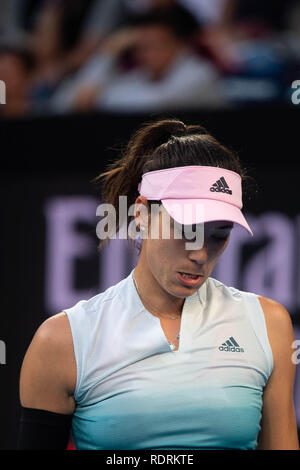 Melbourne, Australie. 19 Jan, 2019. Garbine Muguruza d'Espagne réagit au cours de la women's 3ème tour match contre Timea Bacsinszky de la Suisse à l'Open d'Australie à Melbourne, Australie, le 19 janvier 2019. Credit : Bai Xue/Xinhua/Alamy Live News Banque D'Images