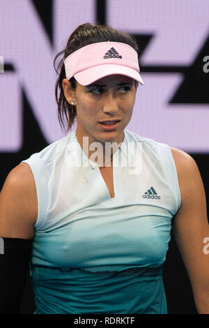 Melbourne, Australie. 19 Jan, 2019. Garbine Muguruza d'Espagne réagit au cours de la women's 3ème tour match contre Timea Bacsinszky de la Suisse à l'Open d'Australie à Melbourne, Australie, le 19 janvier 2019. Credit : Bai Xue/Xinhua/Alamy Live News Banque D'Images