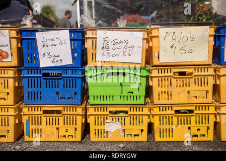 Des paniers en plastique coloré rempli de produits frais sur l'affichage à l'ancien marché de conditionnement à Kerikeri, Nouvelle-Zélande. Banque D'Images