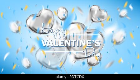 Happy Valentines Day carte bleu ciel avec des ballons en forme de coeur Illustration de Vecteur