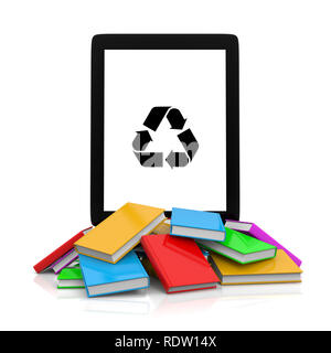 Ordinateur tablette avec recycler symbole sur l'écran au-dessus d'une pile de livres de couleur 3D Illustration Banque D'Images