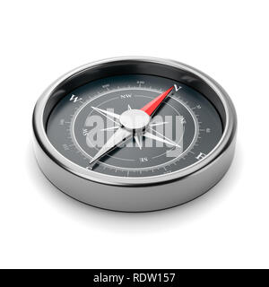 Compas magnétique rouge métallique avec aiguille pointée vers le nord sur fond blanc 3D Illustration Banque D'Images