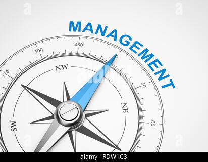 Compas magnétique, l'aiguille dirigée vers le mot gestion bleu sur fond blanc 3D Illustration Banque D'Images