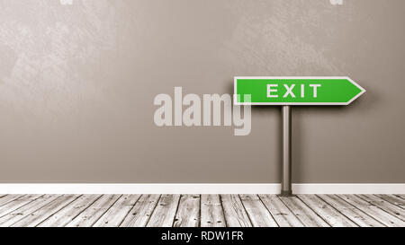 Sortie vert Flèche directionnelle sur plancher en bois contre le mur gris avec copie espace 3D Illustration Banque D'Images