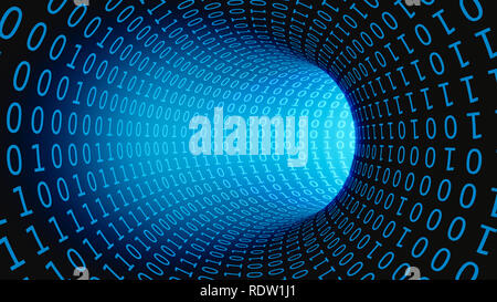 Code binaire dans un tunnel de transmission de données, 3D Illustration Banque D'Images