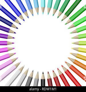 Arc-en-ciel de crayons de bois colorés disposés en cercle isolé sur fond blanc Illustration Banque D'Images