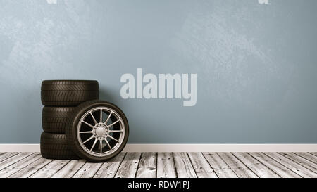 Quatre roues de voiture sur plancher en bois contre le mur gris bleu avec copie espace 3D Illustration Banque D'Images