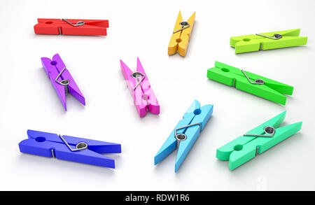 Groupe d'Clothespin plastique en couleur sur fond blanc, 3D Illustration Banque D'Images