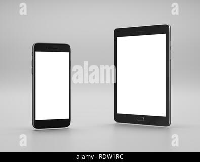 L'article Smartphone et Tablet PC avec écran blanc blanc sur fond gris, 3D Illustration Banque D'Images